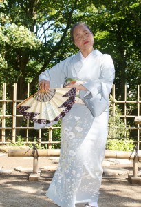 Michiko Masumi performing a traditional Japanese dance in the Lafcadio Hearn Garden on Sunday.