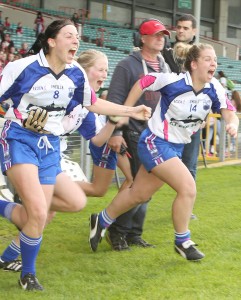 Waterford's Louise Ryan, Mairead Wall and Sinead Ryan celebrate the Deise's All-Ireland Semi-Final win over Leitrim in the Gaelic Grounds. See Sport 3 for more