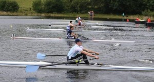 David O'Hare (second from foreground) competing in the men's club Single Sculls at the National Championships. 