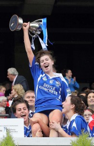 Captain Caithriona McGlone is hoisted shoulder high in the Hogan Stand after Waterford claimed the All-Ireland Intermediate Camogie title at Croke Park on Sunday last. 