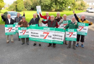 Pictured outside St Patrick's Hospital on Tuesday last were Davy Walsh Martin Flynn, Paddy Connolly, Gerry Lowry, Bobby Kennedy, Michael White, Billy Flynn, Noel O'Connor, Noel Hoban and Tom Murphy. Funding for a 100-bed Community Nursing Unit was listed in the Government's Capital Programme announced last Wednesday