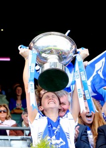 An ecstatic Linda Wall holds aloft the All-Ireland Intermediate Championship trophy after Waterford's 13-point win over Kildare at Walsh Park on Sunday. See Sport 2-4 for further reaction. 