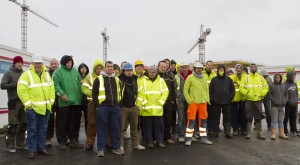 Workers pictured after downing tools at West Pharma on Monday morning. | Photo: Mick Wall   