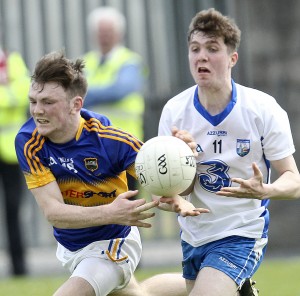 Waterford's Fearghal Ó Cuirrin attempts to rob Tipperary's Emmett Moloney of possession.