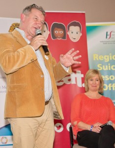 Robert Carley, pictured with Suicide Or Survive founder Caroline McGuigan, were among the captivating speakers at the 'Positive Mental Health and You' event held at the Crystal Leisure Centre on Tuesday last.	(See News 24 & 25 for more)	| Photo: John Power 