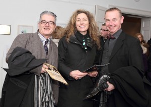 Billy, Carrie Crowley and Billy's partner, Des O'Keeffe at the opening of Jim Nolan's Dreamland in Garter Lane in February 2014.	