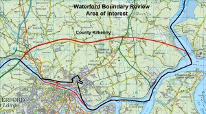 The area subject to the Waterford/South Kilkenny Boundary Review, marked in red.