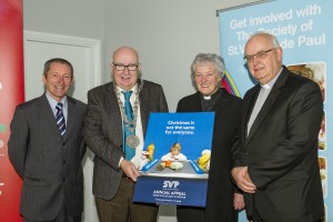 Pictured at the launch of the annual Waterford Saint Vincent de Paul Christmas Appeal were, from left: Michael Curran (SVP Area President), City & County Mayor Pat Nugent, Dean Maria Jansson and Father Pat Fitzgerald.				| Photo: Mick Wall 