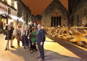 Wood Sculptor John Hayes pictured with actor Moe Dunford and Viking re-enactors at the official uveiling of The Dragon Slayer Viking Sword, the longest wood sculpture in the world in Baileys New street.									| Photos: Noel Browne 