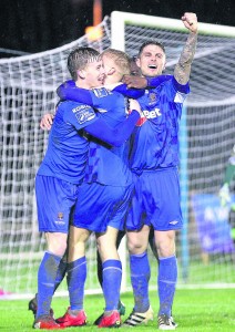 Dean O’Halloran is mobbed after netting Waterford FC’s match winner in their Premier Division opener against Derry City at the RSC. | Photo: Noel Browne