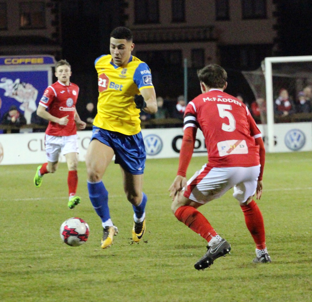 Blues striker Courtney Duffus heads for goal against Sligo Rovers 