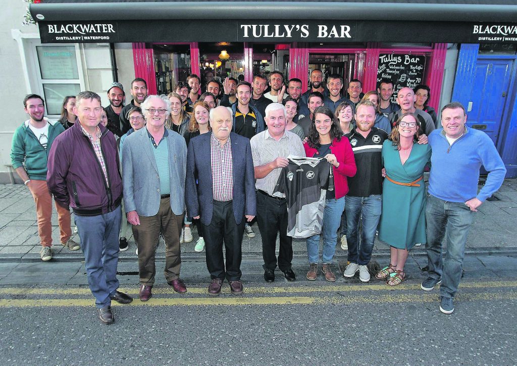 Pictured outside Tully's Bar, O'Connell Street on Tuesday night last were members of the Brittany GAA World Games team after they presented Tom O'Neill, Chairman, Gaultier GAA Club with a World Games jersey.  Members of the Waterford-St. Herblain town twinning committee were also in attendance and they included, Davy Walsh, Vincent Walsh and Kieran Walsh, MD, Munster Express. Anne Marie O'Rourke, Head Coach, Brittany GAA World Games team, Arnaud Vitran, Kilian Latry, Elena Benoist and Alexandre Clavet from the Brittany team.  Photo: Noel Browne 