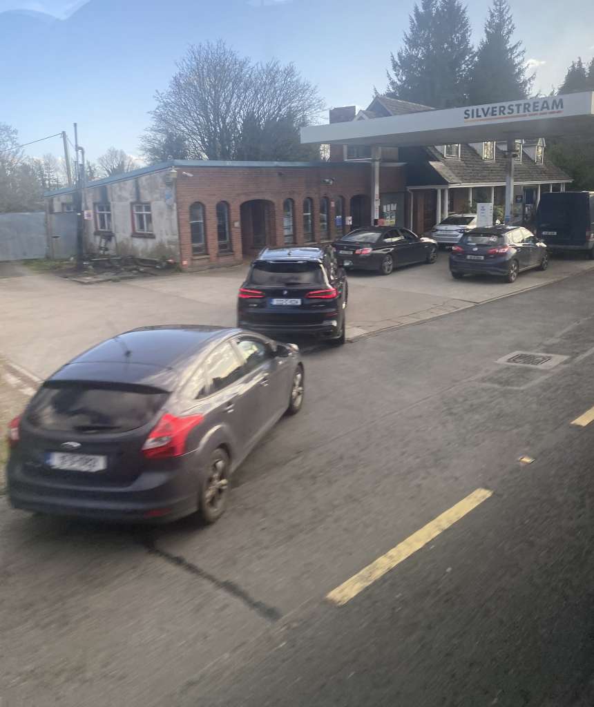 Queues of vehicles at the Silverstream self-service at the Burgery, Dungarvan, last Thursday afternoon.
