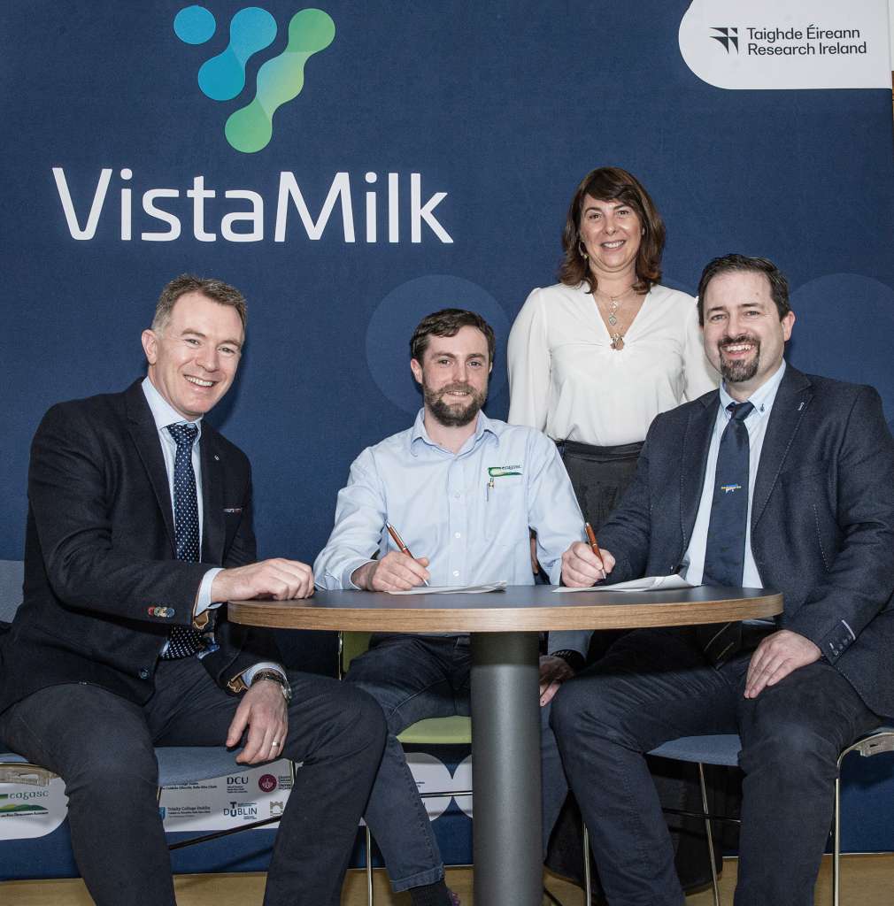Pictured at the announcement were, left to right: John Daly, Dairymaster; John Upton, Funded Investigator with VistaMilk and Teagasc Researcher; Raquel Caetano Ferreira, Business Development Manager at VistaMilk and John Harty, CEO of Dairymaster.