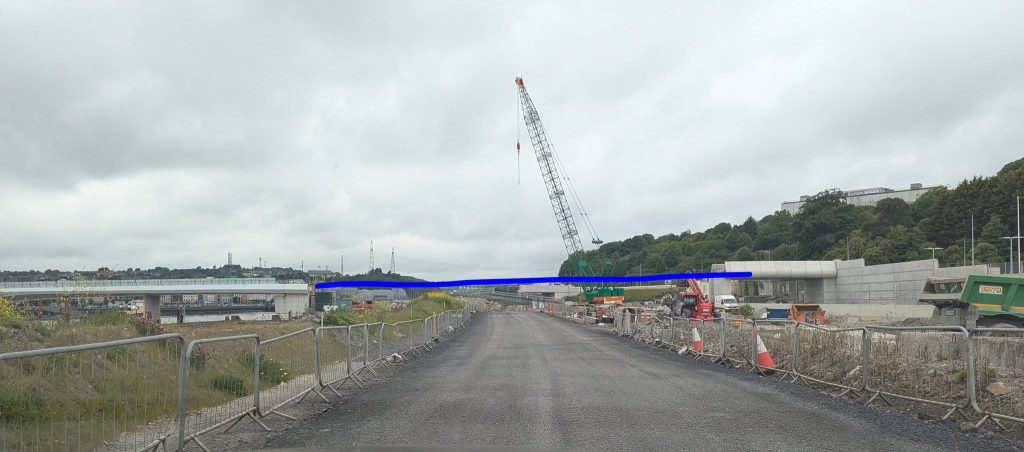 <strong>No ‘missing link’ in pedestrian bridge</strong> Photo taken by Cllr. Mary Roche which shows the blue line she marked showing the connection to be made of the final section of the pedestrian bridge.